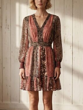 Dex Boho Dress Size Small Coral Brown Floral Paisley Print Feminine Summer